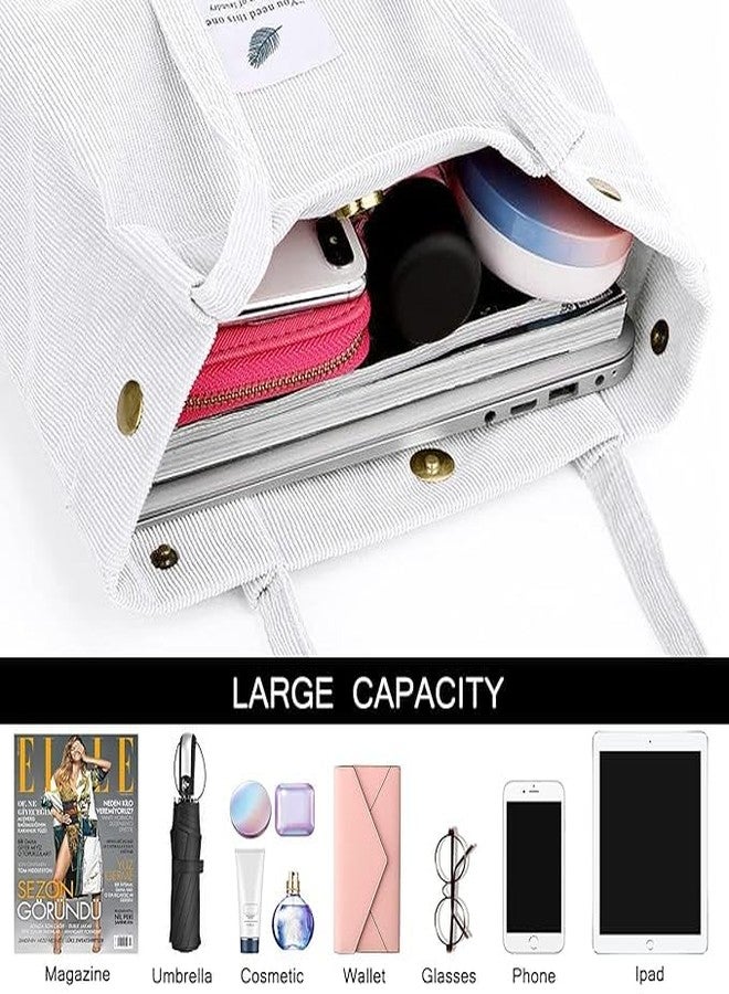 BIGXEN Women Corduroy Tote Bag Canvas Shoulder Purse Reusable Shopping Bag Grocery Bag Large Capacity Washable Handbag Girls Shoulder Bag with Inner Pocket For Daily Use Work Travel (White) - Image 3
